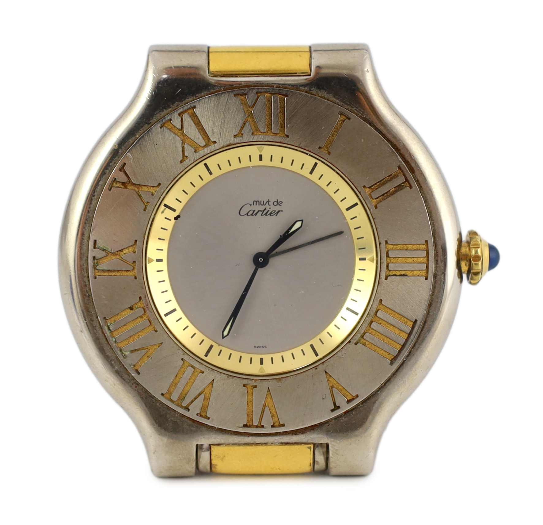 A modern Must de Cartier steel and gold plated quartz travelling timepiece